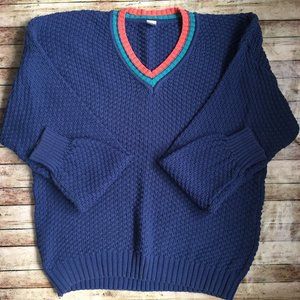 Vintage Izod Blue Preppy Chunky Cozy V Neck Cotton Knit Sweater XL